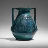 Rare and Large vase with children picking berries by Mary Frances Overbeck for Overbeck Pottery, c. 1930, carved and glazed earthenware, sold Jan 2023