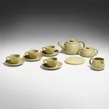 Tea set with stylized bluebells by Elizabeth and Hannah Overbeck for Overbeck Pottery, c. 1925, glazed earthenware, sold Jan 2023