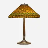 Greek Key table lamp by Tiffany Studios, c. 1910, leaded glass, patinated bronze, sold Jan 2023