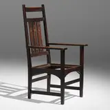 attribution for Gustav Stickley Harvey Ellis, Rare armchair, c. 1903, oak, pewter and copper inlay