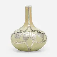 Clifton Pottery, Rare bud vase with overlay, 1906, Crystal Patina-glazed earthenware, silver