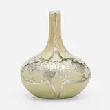 Clifton Pottery, Rare bud vase with overlay, 1906, Crystal Patina-glazed earthenware, silver