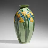 Monumental Della Robbia vase with daffodils by Frederick Hurten Rhead for Roseville Pottery, 1906-07, glazed and carved earthenware, sold Jan 2023