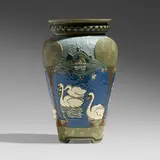 Della Robbia vase with swans by Frederick Hurten Rhead for Roseville Pottery, 1906-07, glazed and carved earthenware, sold Jan 2023
