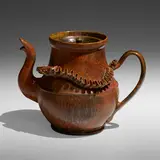 Fine and Large teapot with snake by George E. Ohr, 1897-1900, glazed earthenware, sold Jan 2023