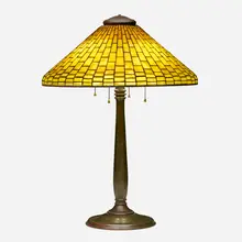 Geometric table lamp by Tiffany Studios, c. 1910, leaded glass, patinated bronze, sold Jan 2023