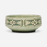 Early low bowl with flowers by Newcomb College Pottery, 1904, glazed earthenware, sold Jan 2023