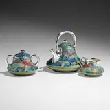 Rare three-piece Claremont tea set with toadstools and overlay by William Moorcroft for James Macintyre & Co., c. 1905, glazed earthenware, sterling silver, sold Jan 2023