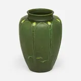 Fine and Large vase with leaves and buds by Marie Seaman for Grueby Faience Company, 1898-1910, glazed earthenware, sold Jan 2023