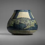 Rare and Early vase with alligators by Mazie Teresa Ryan for Newcomb College Pottery, 1904, glazed earthenware, sold Jan 2023