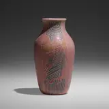 Exceptional vase with Art Deco figure by Elizabeth and Mary Frances Overbeck for Overbeck Pottery, c. 1925, carved and glazed earthenware, sold Jan 2023