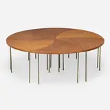 Pinwheel table, model 523 by Peter Hvidt & Orla Mølgaard-Nielsen, c. 1965, teak, brass plated steel, sold Aug 2025