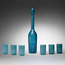 Mezza Filigrana bottle with stopper and glasses, set of six by Venini, c. 1955, glass with filigree, sold Aug 2025