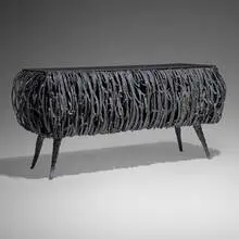 James Bearden, Anemone cabinet, 2025, plasma-carved steel with metallic polywash and sterling finish