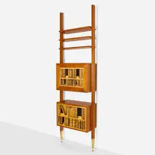 Luigi Scremin, Wall-mounted shelving unit, c. 1940, fruitwood veneer, lithographic transfer print on wood, brass