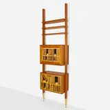 Luigi Scremin, Wall-mounted shelving unit, c. 1940, fruitwood veneer, lithographic transfer print on wood, brass