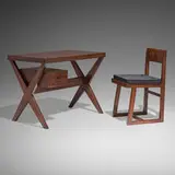 Desk and chair from Chandigarh by Pierre Jeanneret, c. 1958-1960, teak, cane, leather, hide, aluminum, sold Aug 2025