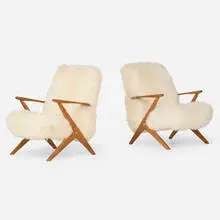 Bengt Ruda, Lounge chairs, pair, c. 1955, sheepskin, beech, nickel-plated steel