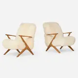 Bengt Ruda, Lounge chairs, pair, c. 1955, sheepskin, beech, nickel-plated steel