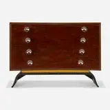 Gilbert Rohde, Cabinet from the 3920 series, 1939, East India laurel, redwood burl, lacquered wood, brass, acrylic, leatherette