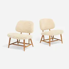Alf Svensson, Teve Chairs, pair, birch, faux sheepskin, brass