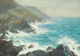 Charles Ernest Butler, Stormy sea off the Cornish coast, oil on board