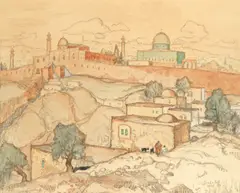 Konstantin Gorbatov, The Dome of the Rock and the walls of the old city, Jerusalem, hand coloured lithograph
