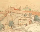 Konstantin Gorbatov, The Dome of the Rock and the walls of the old city, Jerusalem, hand coloured lithograph