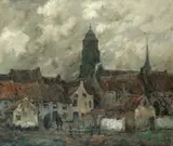 Jules Verstreken, Town scene together with two smaller works (figure on a bridge and figure by a river) frame has separated from largest oil, all oil on canvas