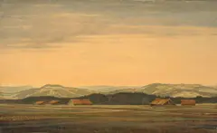 Franz Lenk, Landschaft mit Scheunen, 1933, Öl auf Leinwand auf Holz