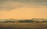 Franz Lenk, Landschaft mit Scheunen, 1933, Öl auf Leinwand auf Holz
