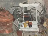 Otto Niemeyer-Holstein, Äpfel liegen auf einem Gartenstuhl, 1957, Öl auf Hartfaser