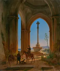 Wilhelm Gail, Kirchenruine mit rastenden Jägern bei Valencia, 1835, Öl auf Leinwand