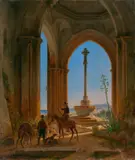 Wilhelm Gail, Kirchenruine mit rastenden Jägern bei Valencia, 1835, Öl auf Leinwand