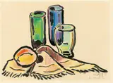 Stilleben mit drei Gefäßen by Karl Schmidt-Rottluff, Um 1957, Farbkreide und Tuschpinsel auf Papier, sold Nov 2015