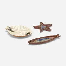 Group of three platters by Lagardo Tackett, c. 1960, glazed ceramic, ceramic with glass fill, offered Dec 2022