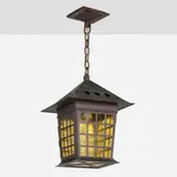 Gustav Stickley, Rare lantern model 203 from the Charles B. Evans House, Queens, c. 1914, hammered copper, iron, hammered amber glass