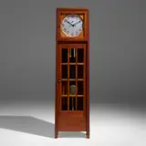 Gustav Stickley, Tall case clock from the Charles B. Evans House, Queens, c. 1914, oak, chestnut, glass, brass, enameled metal