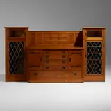 Rare sideboard and china cabinets from the Charles B. Evans House, Queens by Gustav Stickley, c. 1914, oak, glass, hammered copper, leading, sold Jan 2023