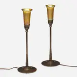 Henry G. Cleaveland, Candle lamps, pair, c. 1910, patinated bronze, hand-blown glass