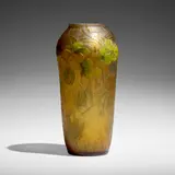 Fine cameo vase with nasturtiums and arrowhead leaves by Tiffany Studios, c. 1908, hand-blown, padded, and wheel-carved Favrile glass, sold Jan 2023