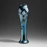 Tall vase with cherry blossoms by Tiffany Studios, c. 1918, hand-blown, padded, and wheel-carved Favrile glass, sold Jan 2023
