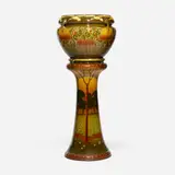 Jardiniere and pedestal by Frederick Hurten Rhead for Roseville Pottery, 1906-07, glazed earthenware with squeeze-bag decoration, sold Jan 2023