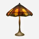 Rare Teroca table lamp by Handel, c. 1911, patinated metal, painted slag glass, sold Jan 2023