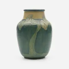 Transitional vase with calla lilies by Newcomb College Pottery, 1912, glazed earthenware, sold Jan 2023