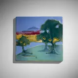 Rare landscape tile by Hildegarde Fried, 1926, glazed earthenware, sold Jan 2023