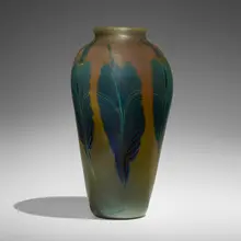 Tiffany Studios, Early and Monumental vase with peacock feathers, c. 1896, hand-blown Favrile glass