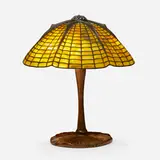 Spider table lamp by Tiffany Studios, c. 1910, leaded glass, patinated bronze, sold Jan 2023