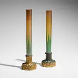 Vases, set of two by Tiffany Studios, c. 1920, hand-blown Favrile glass, patinated and gilt bronze, sold Jan 2023