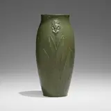 Vase with irises by Annie Lingley for Grueby Faience Company, 1904-10, glazed earthenware, sold Jan 2023